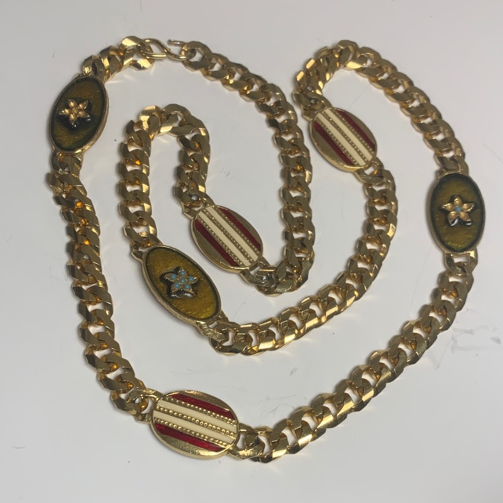 Heavy Gold Chain Belt or Necklace with Red Gold and Green Enamel Accents